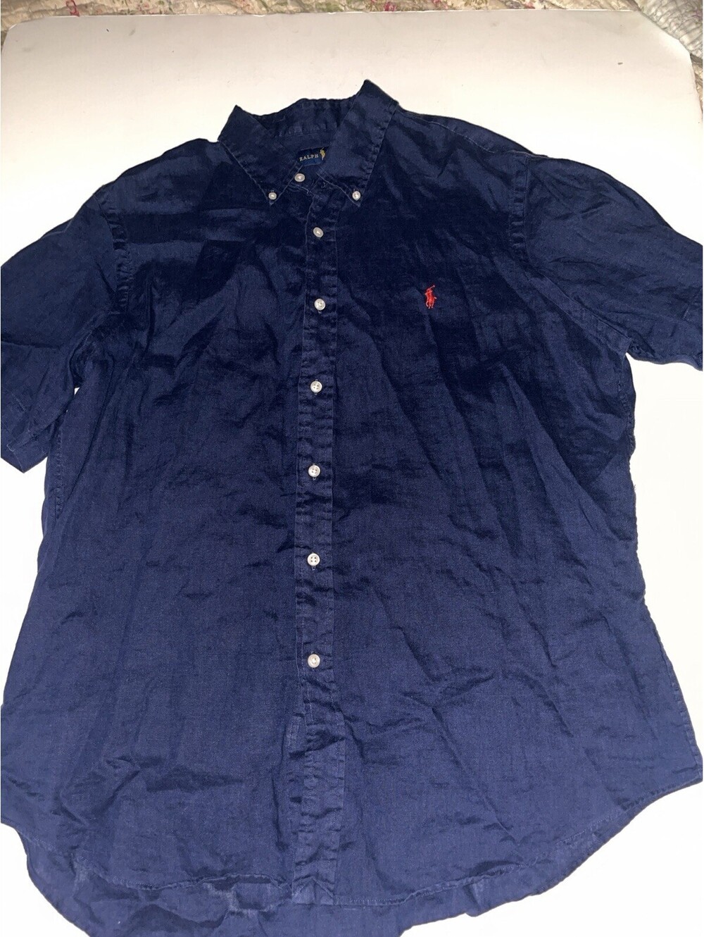 Ralph Lauren Shirt Men XL Blue Linen Button Down Short Sleeve Classic Fit Casual